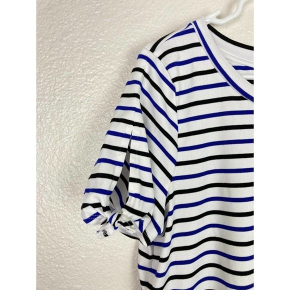 BB Dakota Striped Shirt Womens Medium Blue White Short Sleeves Boxy Crew Neck - Picture 3 of 8